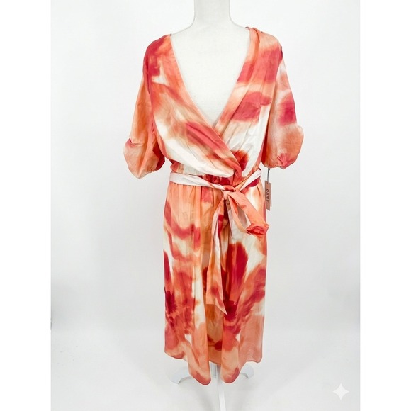 Dkny Dresses & Skirts - DKNY Womens Orange Watercolor Abstract Floral Cotton Midi Wrap Dress 16W NEW
